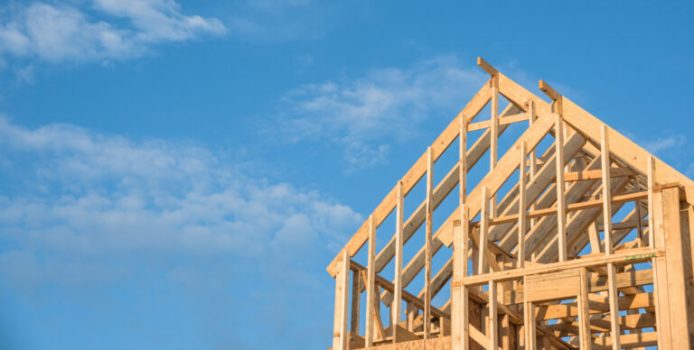 Close-up of gables roof on stick built home under construction a