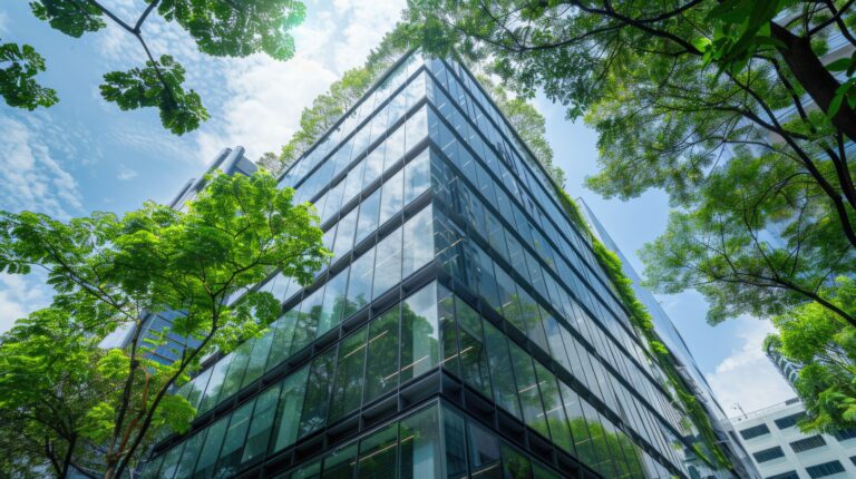 Sustainable green building. Eco-friendly building in modern city. ESG. Sustainable glass office building with green tree. Office with green environment. Corporate sustainability
