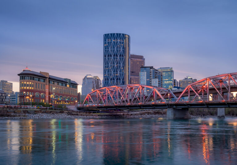 Calgary Skyline at night with Bow River
