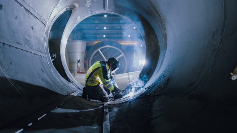 Professional Heavy Industry Welder Working Inside Pipe, Wears Helmet and Starts Welding. Construction of the Oil, Natural Gas and Fuels Transport Pipeline