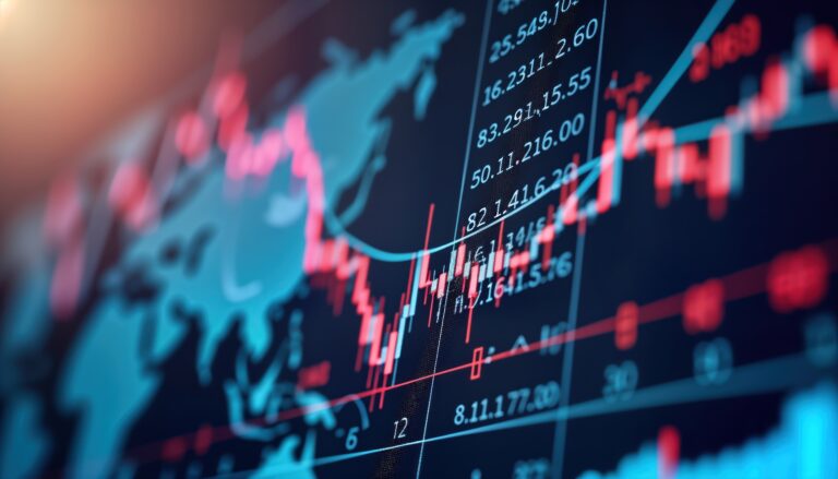 Dynamic currency charts illustrate fluctuating Euro, Norwegian Krone, Swiss Franc exchange rates. Global financial market trends displayed on electronic board
