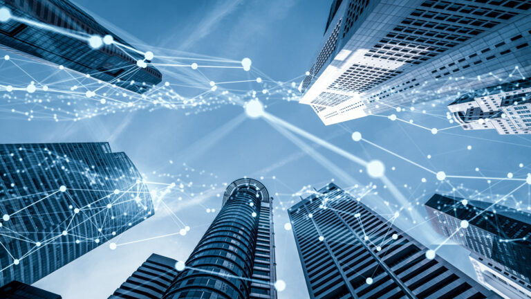 Imaginative visual smart digital city with globalization abstract graphic showing connection network